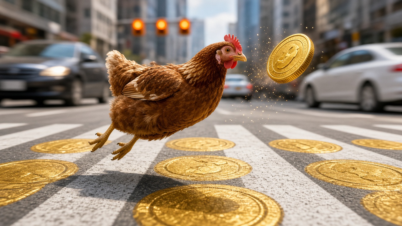 Gallina saltando en un paso peatonal de monedas de oro